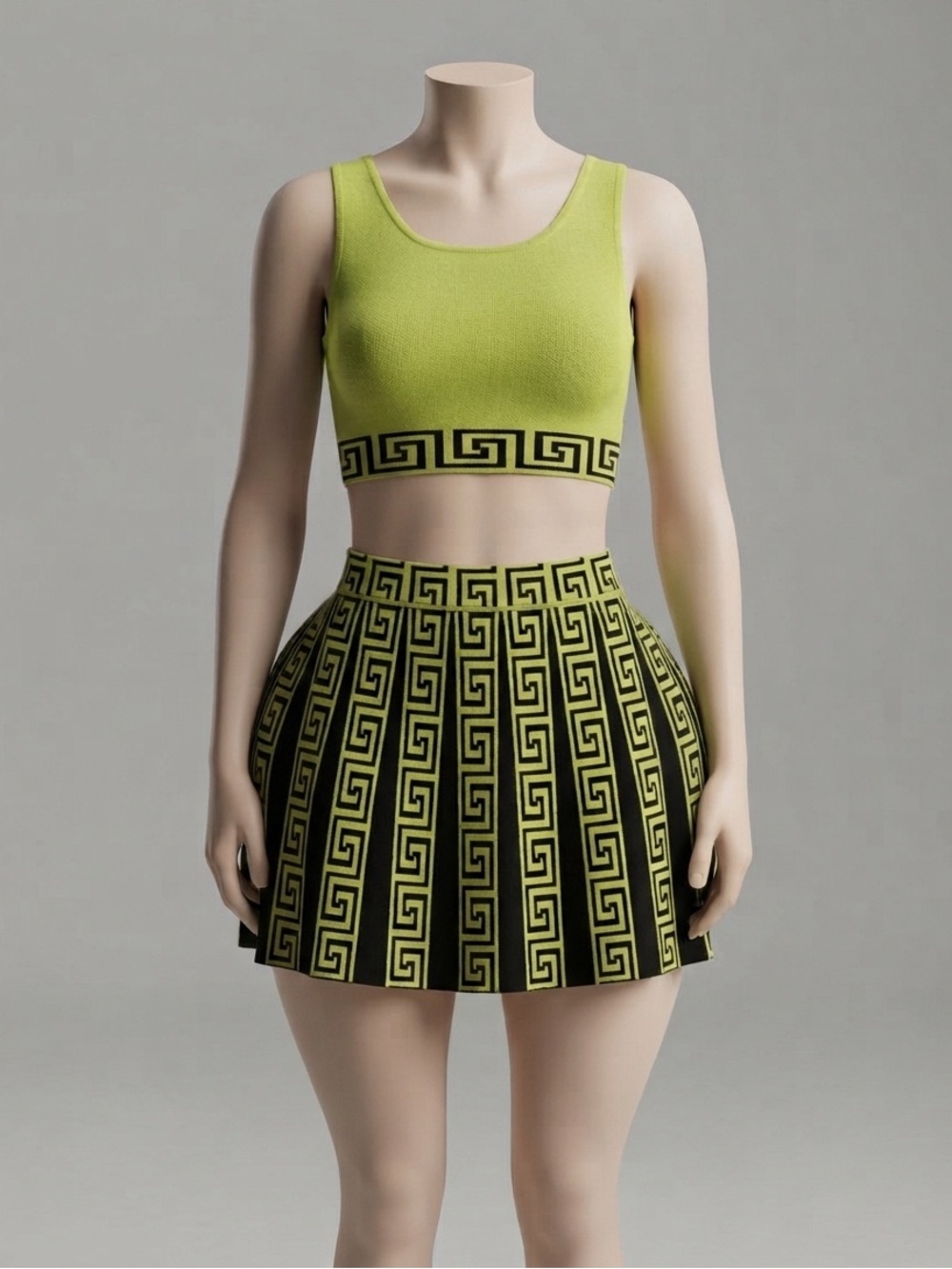 Lime Green & Black Patterned Mini Skirt